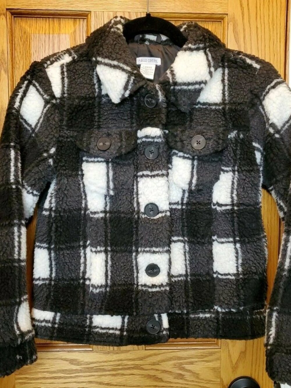 Falls Creek Sherpa Black and White Plaid Jacket Women's Size Large 10/12